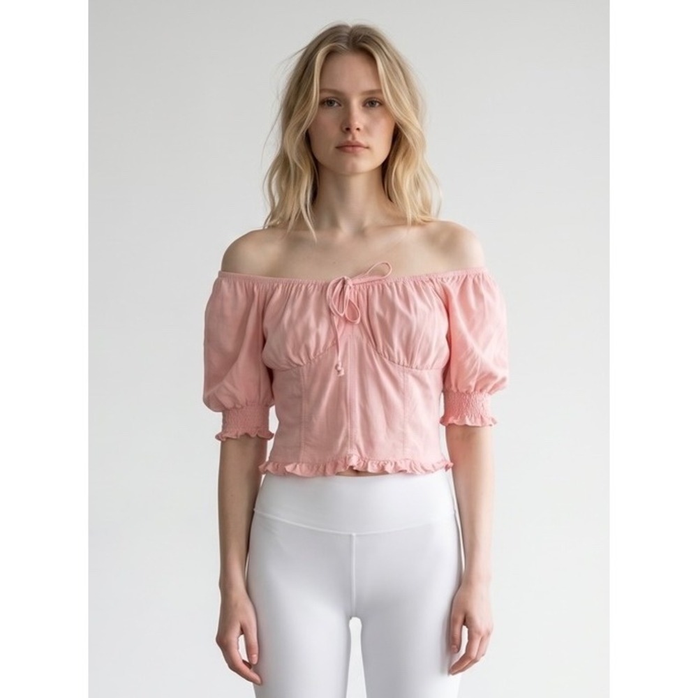 Pink Off The Shoulder Ruched Puff Sleeve Smocked Crop Top Ruffle‎ Hem